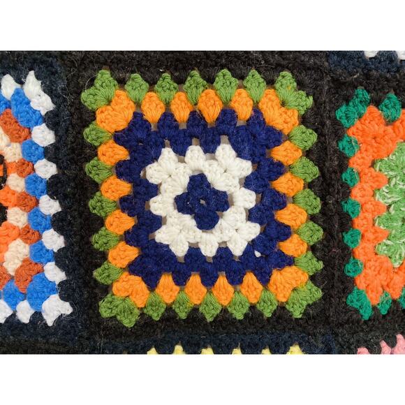 Vintage Hand Crochet Afghan Throw Granny Squares Retro Black Rainbow 70s Cottage - Picture 5 of 11